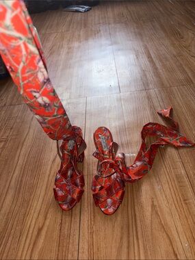 Red Floral Lace-Up Wrap Heels
